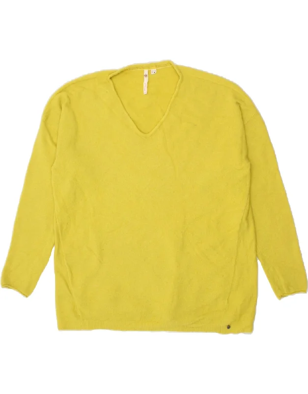 WHITE STUFF Womens V-Neck Jumper Sweater UK 16 Large Yellow Nylon