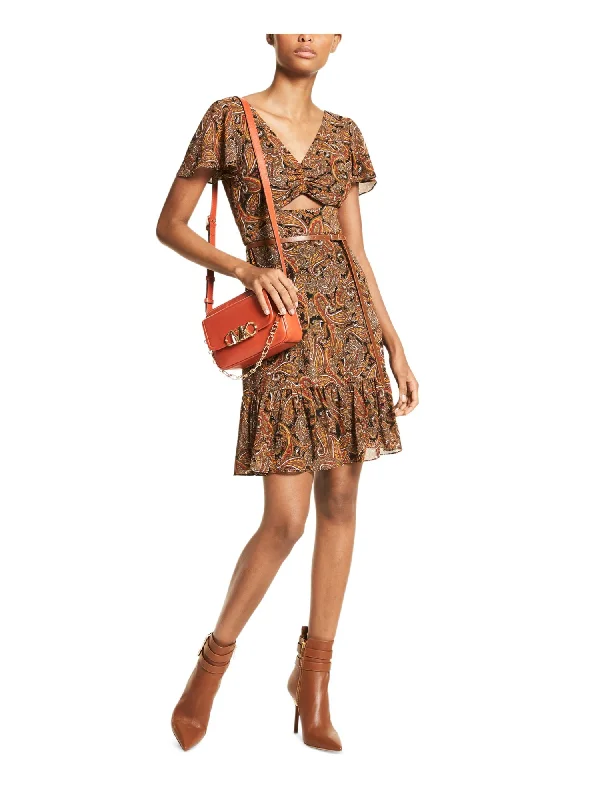 Extra Savings MICHAEL MICHAEL KORS Womens Black Cut Out Zippered Ruched Lined Sheer Ruffled Paisley Flutter Sleeve V Neck Short Fit + Flare Dress