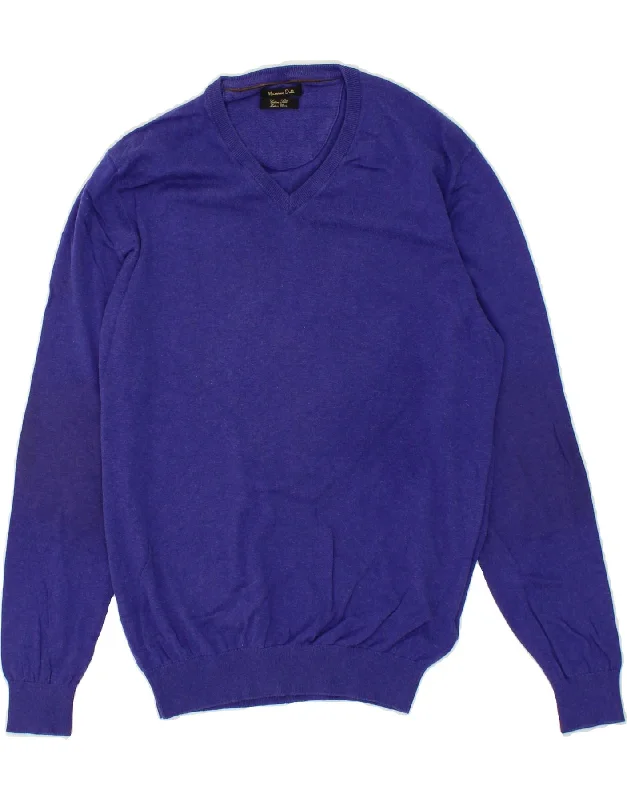 Blowout Sale MASSIMO DUTTI Womens V-Neck Jumper Sweater UK 14 Medium Blue Cotton