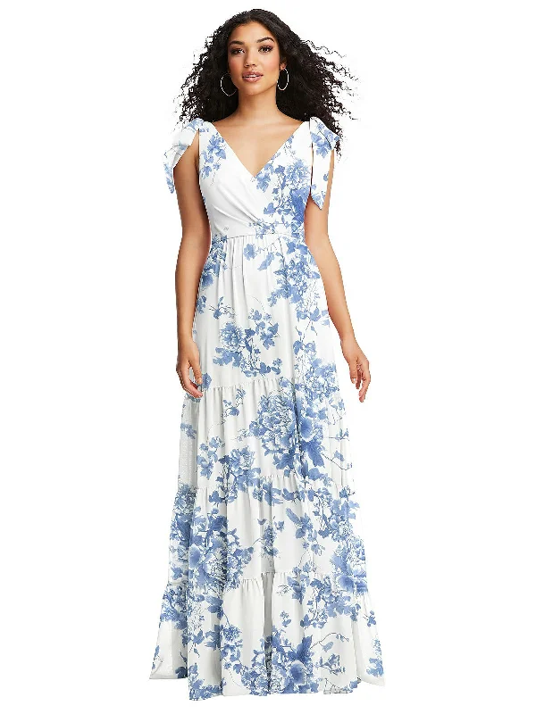 Customer Appreciation Sale Bow-Shoulder Faux Wrap Maxi Dress with Tiered Skirt