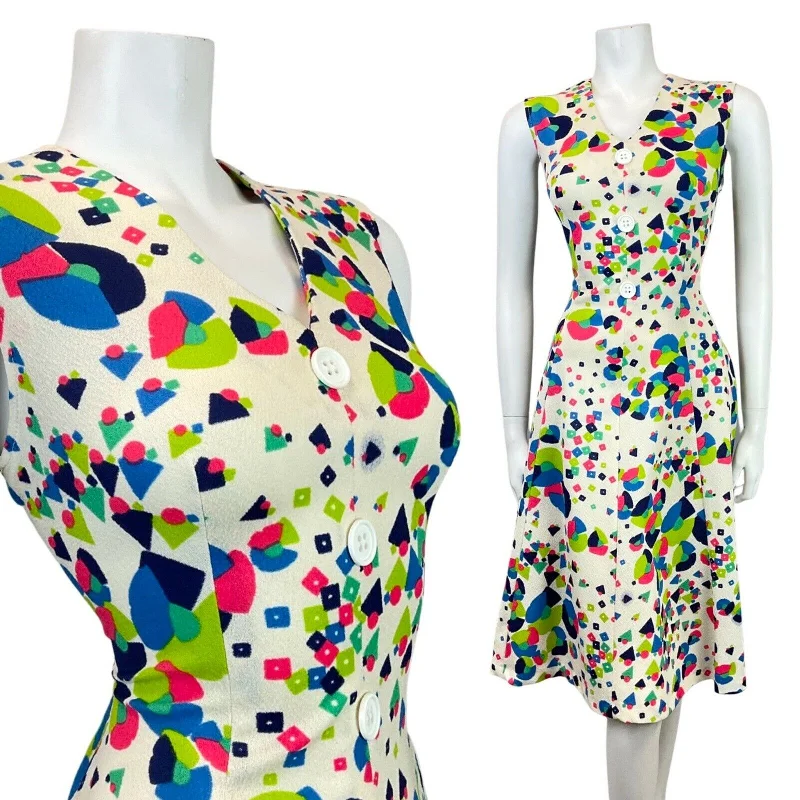 Don’t Miss Out VINTAGE 60s 70s CREAM GREEN PINK GEOMETRIC PSYCHEDELIC SLEEVELESS SWING DRESS 12