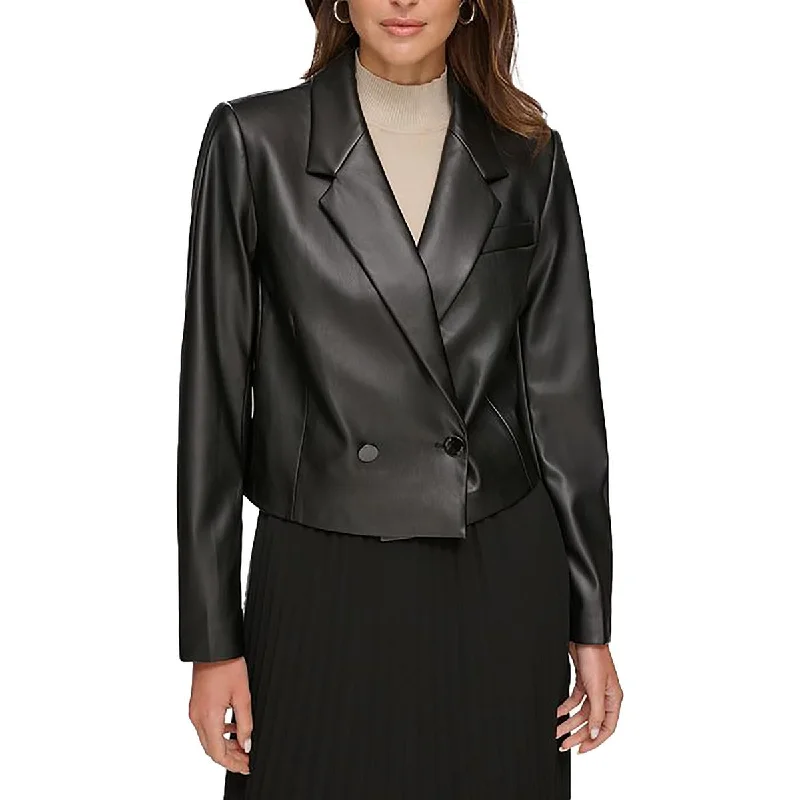 Womens Faux Leather Crop One-Button Blazer