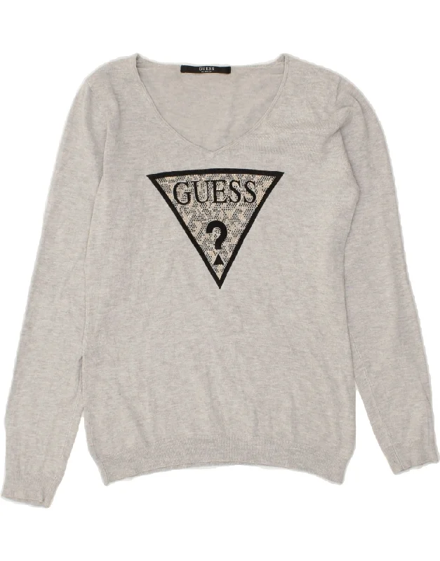 GUESS Womens Graphic V-Neck Jumper Sweater UK 12 Medium Grey