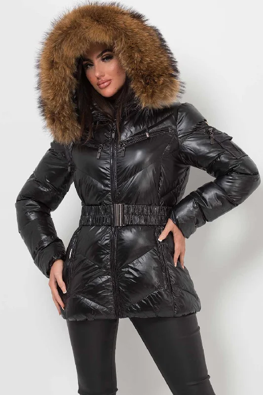The Best Prices Real Fur Hood Puffer Jacket With Belt Black