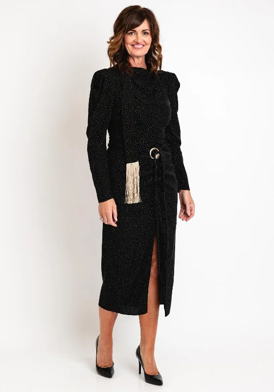 While Supplies Last Kameya Gold Pattern, Tassel Sash Midi Dress, Black