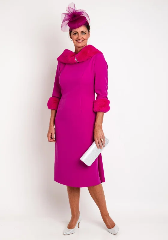 Price Meltdown Gabriela Sanchez Faux Fur Trim Midi Dress, Fuchsia