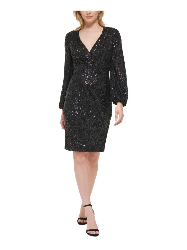 Flash Deals ELIZA J Womens Black Sequined Zippered Shoulder Pads Lined Pleated Blouson Sleeve V Neck Above The Knee Cocktail Sheath Dress