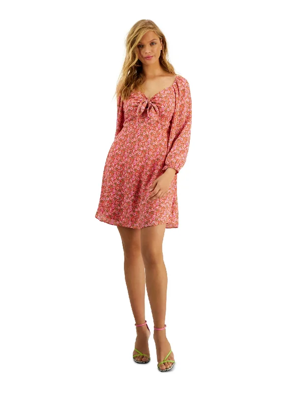 Crazy Deals BAR III Womens Red Smocked Floral 3/4 Sleeve V Neck Above The Knee Shift Dress