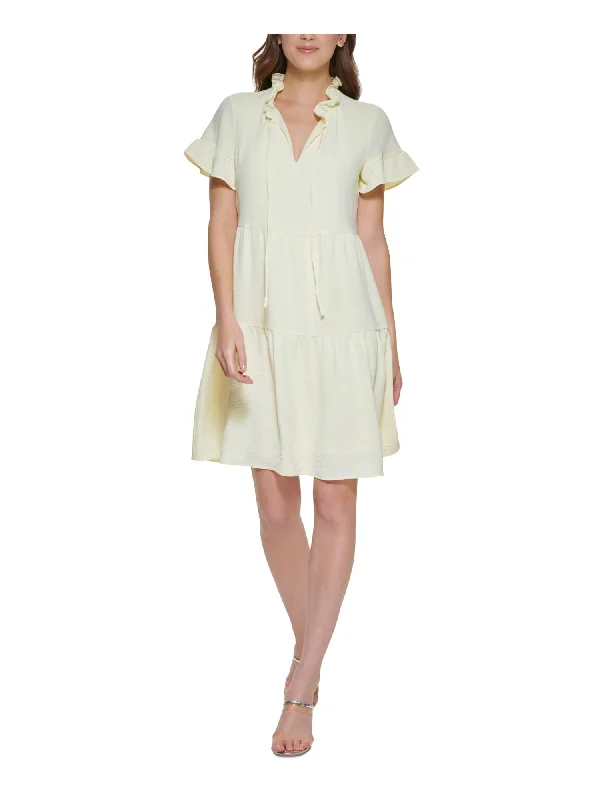 Special Offer DKNY Womens Yellow Ruffled Tiered Lined Tie Neck Pullover Short Sleeve Split Above The Knee Wear To Work Baby Doll Dress