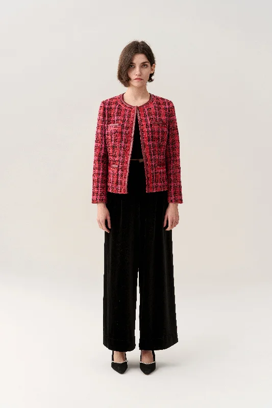 Price Meltdown Checkered Concealed-fastening Patch-pocket Tweed Jacket