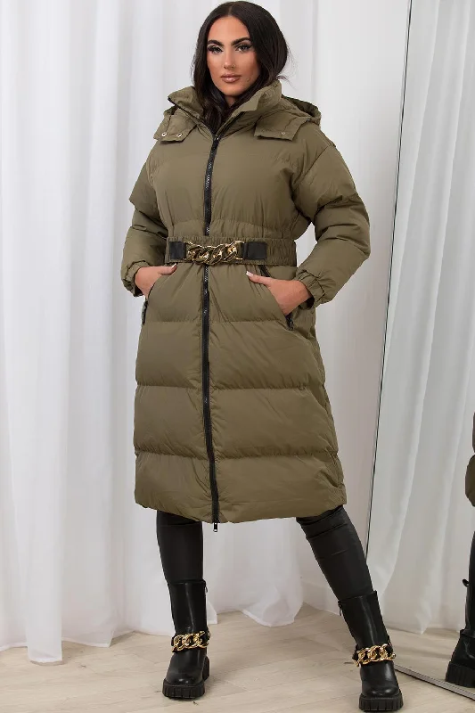 Exclusive Offers Khaki Long Puffer Padded Coat With Gold Chain Belt