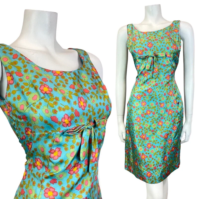 Don't Wait VINTAGE 60s 70s BLUE GREEN GOLD RED FLORAL DAISY EMPIRE-LINE SUMMER SUN DRESS 8
