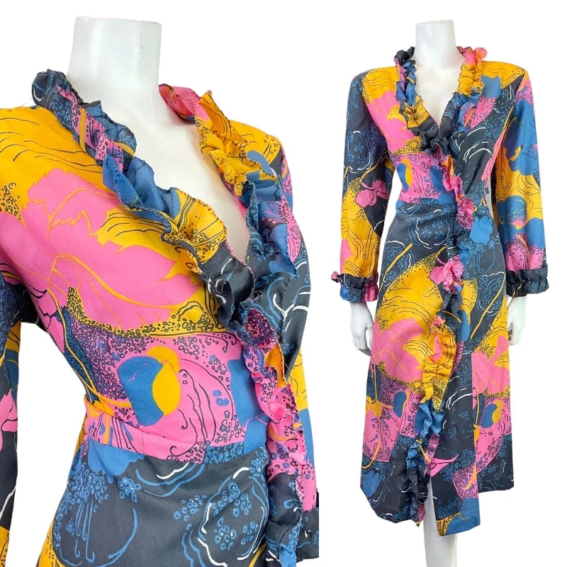 Epic Deals VTG 60s 70s BLUE PINK YELLOW PSYCHEDELIC ABSTRACT RUFFLED HOUSE COAT DRESS 14 16