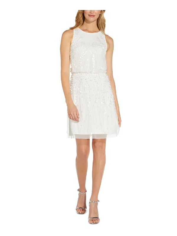 Savings Galore ADRIANNA PAPELL Womens Ivory Embellished Zippered Lined Sleeveless Round Neck Above The Knee Party Blouson Dress