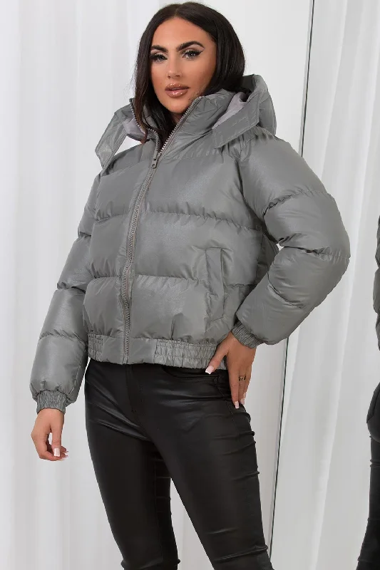 Buy Now Cropped Puffer Jacket with Hood Grey