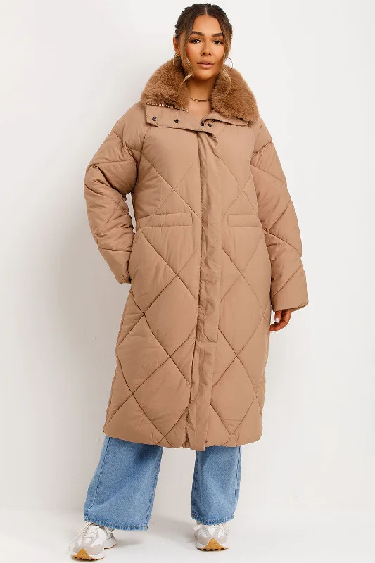 Don't Miss Long Puffer Quilted Coat With Fur Collar Camel