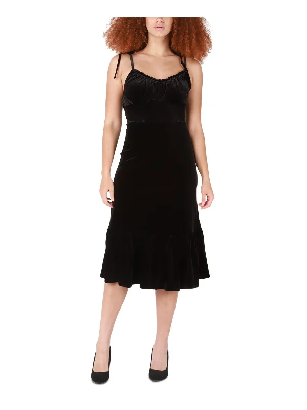 Clearance Items BLACK TAPE Womens Black Ruffled Smocked Unlined Zippered Tie Spaghetti Strap V Neck Midi Evening Fit + Flare Dress