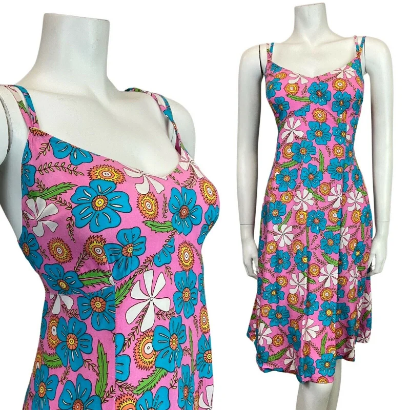 Unbeatable Prices VINTAGE 60s 70s PINK BLUE WHITE HAWAIIAN FLORAL STRAPPY SUN DRESS 12 14