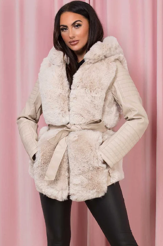 Inventory Reduction Faux Leather Jacket With Faux Fur Panel Cream