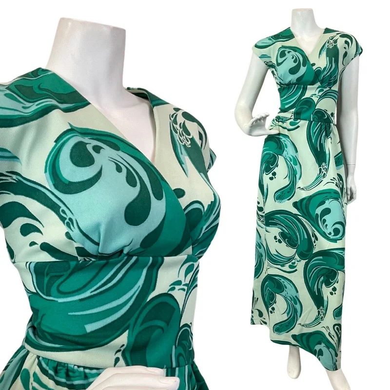 Stock Clearance VINTAGE 60s 70s GREEN MINT PSYCHEDELIC SWIRL SLEEVELESS MAXI DRESS 8