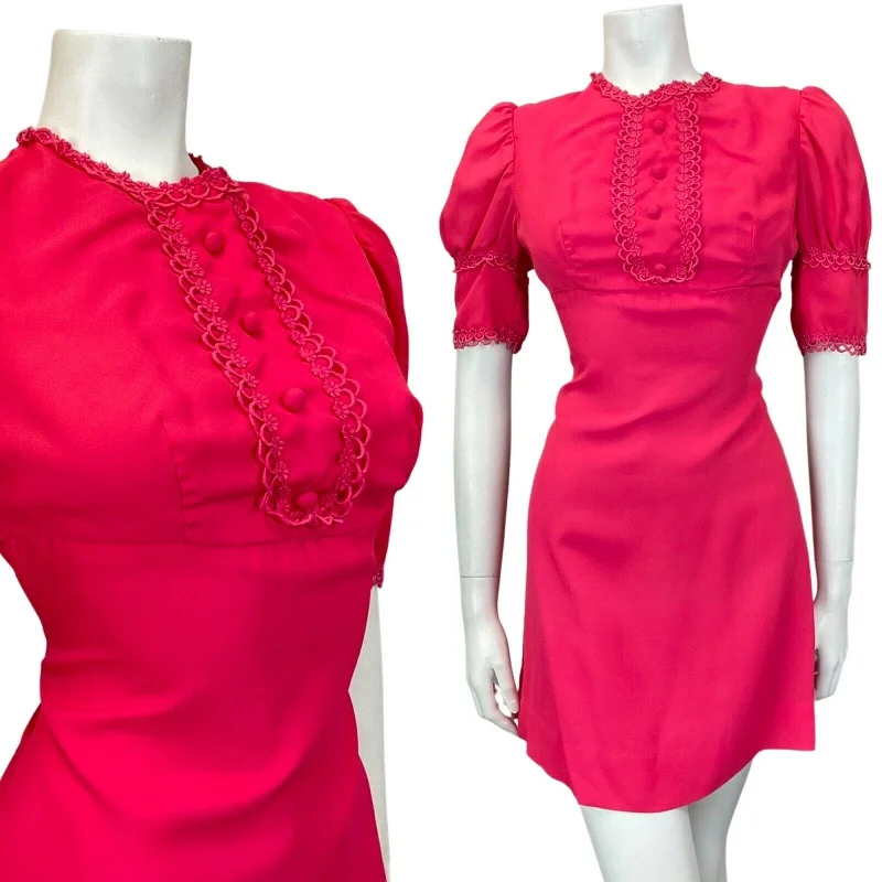 Big Discounts VINTAGE 60s 70s FUCHSIA PINK DAISY SCALLOPED EMPIRE MOD SHORT DRESS 8