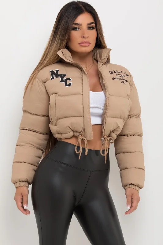 Deal Dash Crop Puffer Jacket With NYC Embroidery Beige