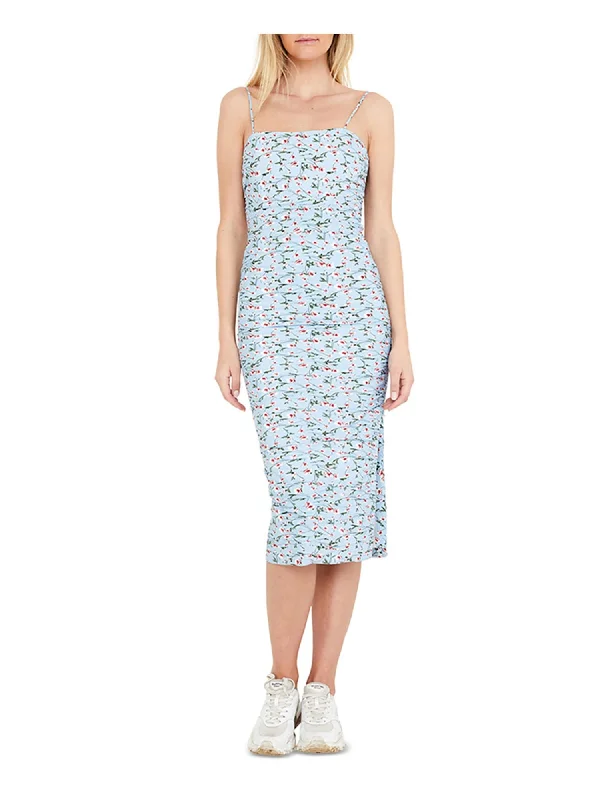 Exclusive Preview BARDOT Womens Blue Zippered Adjustable Straps Floral Square Neck Midi Cocktail Sheath Dress Exclusive Preview BARDOT Womens Blue Zippered Adjustable Straps Floral Square Neck Midi Cocktail Sheath Dress