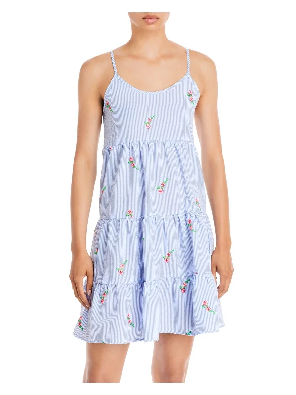 Special Offer AVA & ESME Womens Blue Embroidered Tiered Skirt Spaghetti Strap Scoop Neck Short Fit + Flare Dress