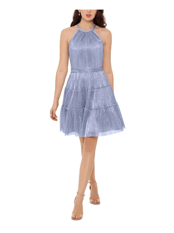 Seasonal Clearance XSCAPE Womens Blue Stretch Metallic Zippered Tiered Striped Sleeveless Halter Short Evening Fit + Flare Dress