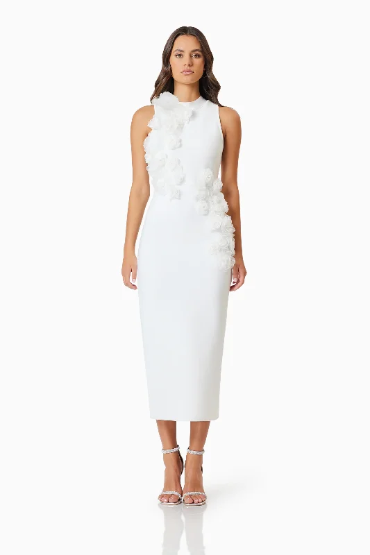 Act Now OMR x ELLIATT: Whitetail 3D Floral Midi Dress In White