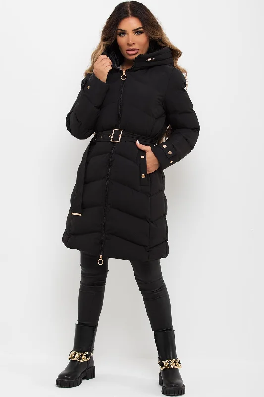 Price Reduction Black Long Puffer Coat With Belt And Gold Button Detail