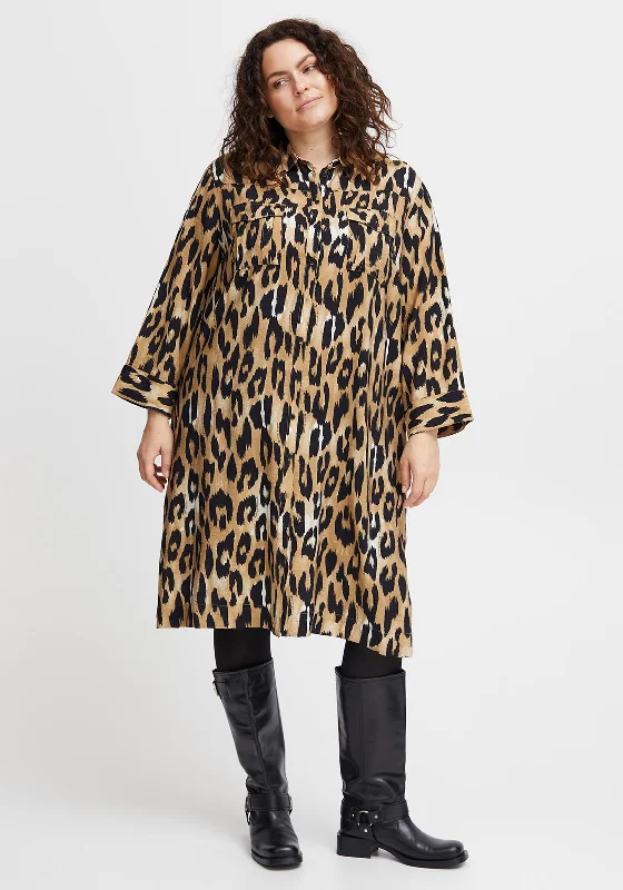Friends and Family Sale Fransa Plus Size Leoni Leopard Print Midi Shirt Dress, Brown