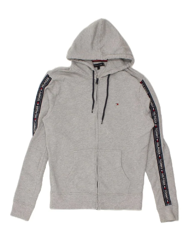 Exclusive Preview TOMMY HILFIGER Womens Graphic Zip Hoodie Sweater UK 16 Large Grey Cotton