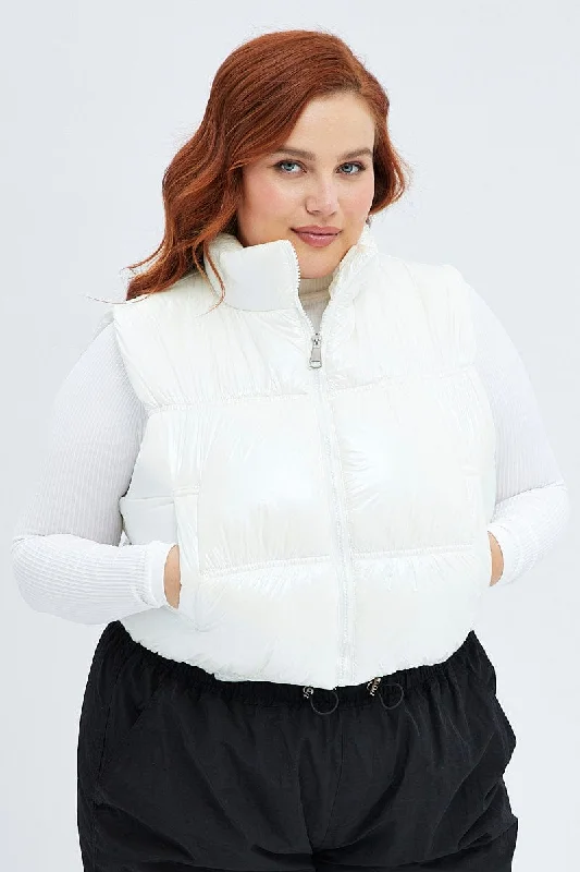 White Puffer Vest Sleeveless Shiny Crop