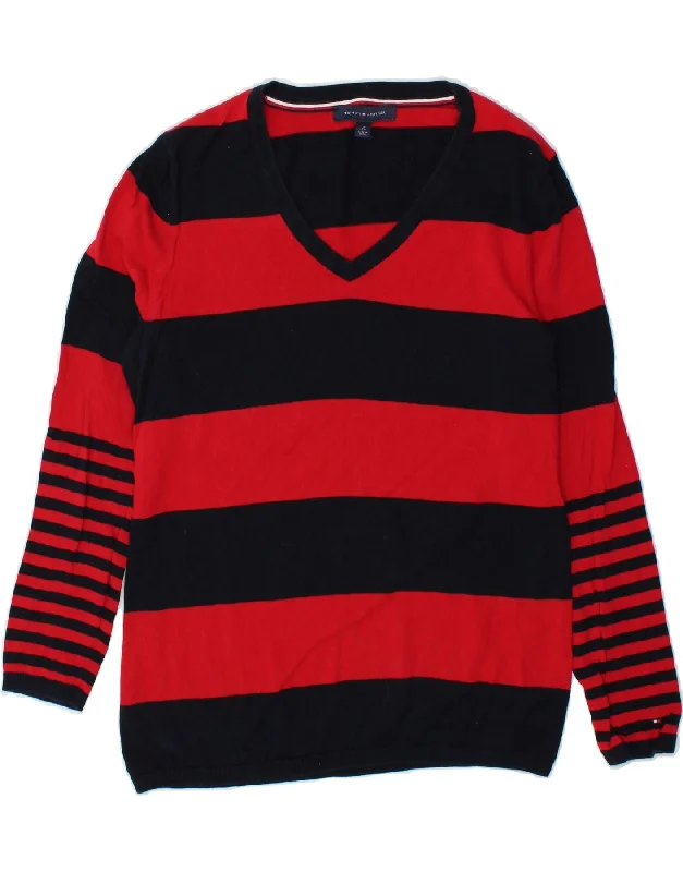 TOMMY HILFIGER Womens V-Neck Jumper Sweater UK 16 Large Red Striped Cotton