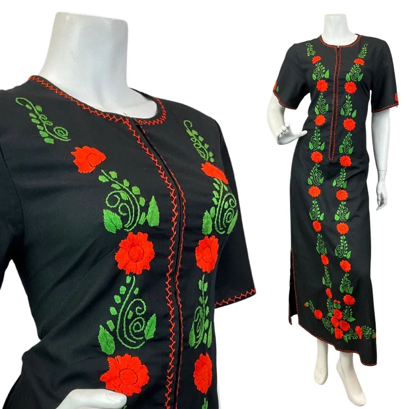 Warehouse Sale VINTAGE 60s 70s BLACK ORANGE GREEN FLORAL EMBROIDERED BOHO FOLK MAXI DRESS 10