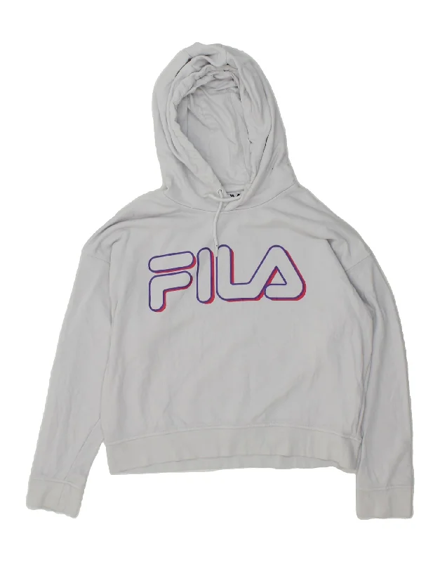 FILA Womens Graphic Hoodie Jumper UK 14 Medium Off White Cotton