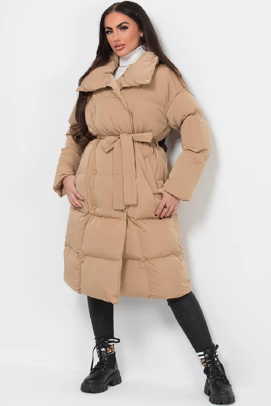 Act Now Long Duvet Puffer Coat With Waist Belt Camel