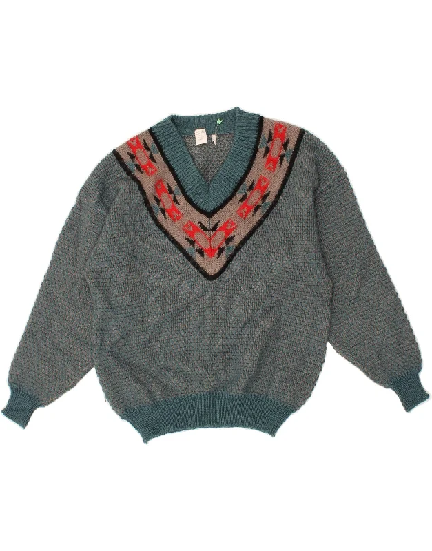 VINTAGE Womens V-Neck Jumper Sweater IT 54 3XL Blue Fair Isle Alpaca Wool