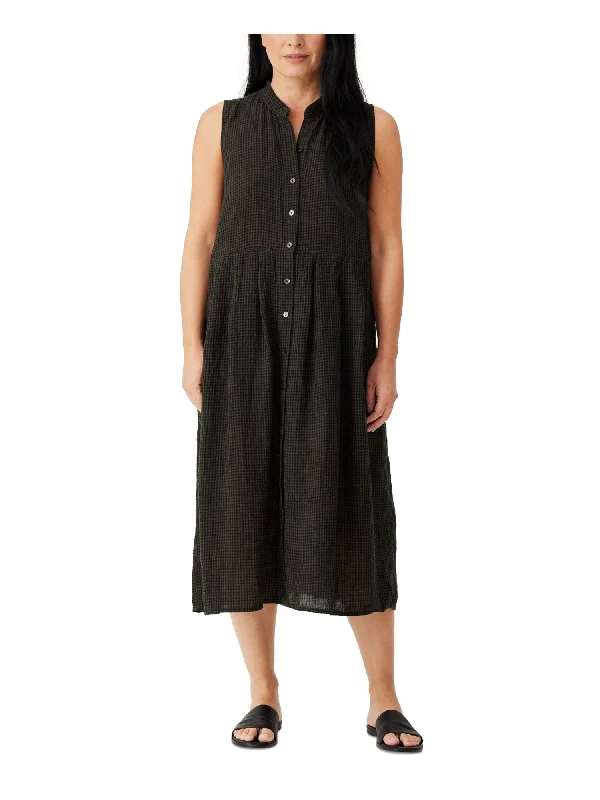 Extra Discounts EILEEN FISHER PETITE Womens Green Pleated Unlined Mandarin-collar Button Up Sheer Check Sleeveless Midi Shift Dress Extra Discounts EILEEN FISHER PETITE Womens Green Pleated Unlined Mandarin-collar Button Up Sheer Check Sleeveless Midi Shift Dress