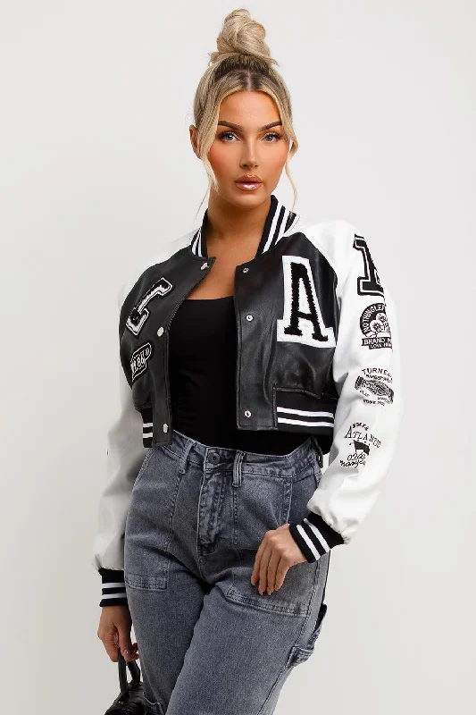 Price Blitz Varsity Bomber Faux Leather Jacket With Letter Detail Black White