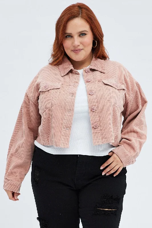 Pink Crop Jacket Corduroy Button Front