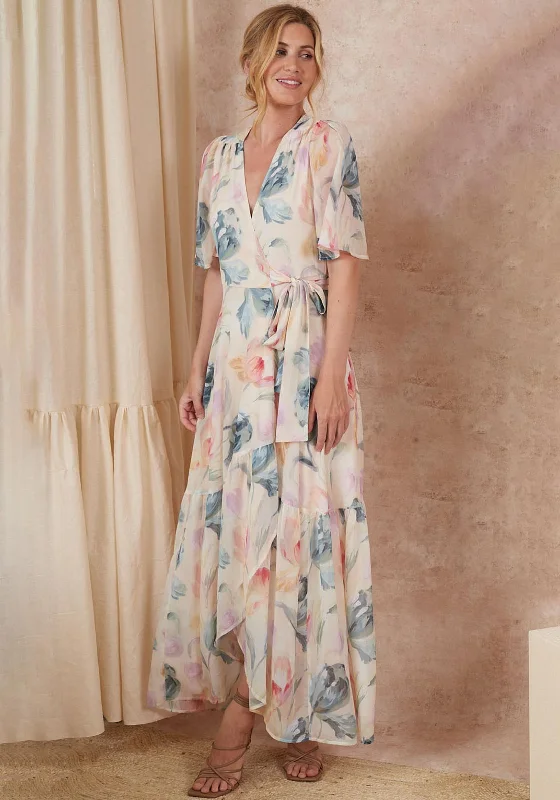 Hurry In Hope & Ivy Carin Floral Wrap Maxi Dress, Cream Multi