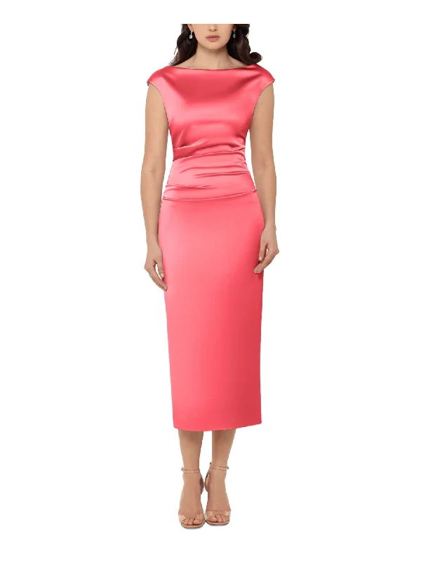 Crazy Deals BETSY & ADAM Womens Red Pleated Zippered V-back Fitted Ruched Back Slit Cap Sleeve Boat Neck Midi Evening Sheath Dress