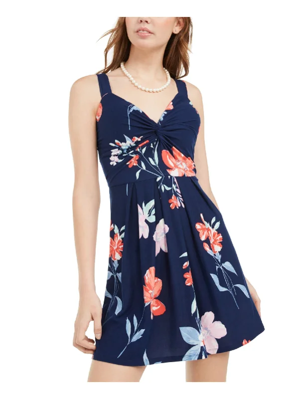 TIME-Limited Offer PLANET GOLD Womens Navy Floral Sleeveless V Neck Short Fit + Flare Dress