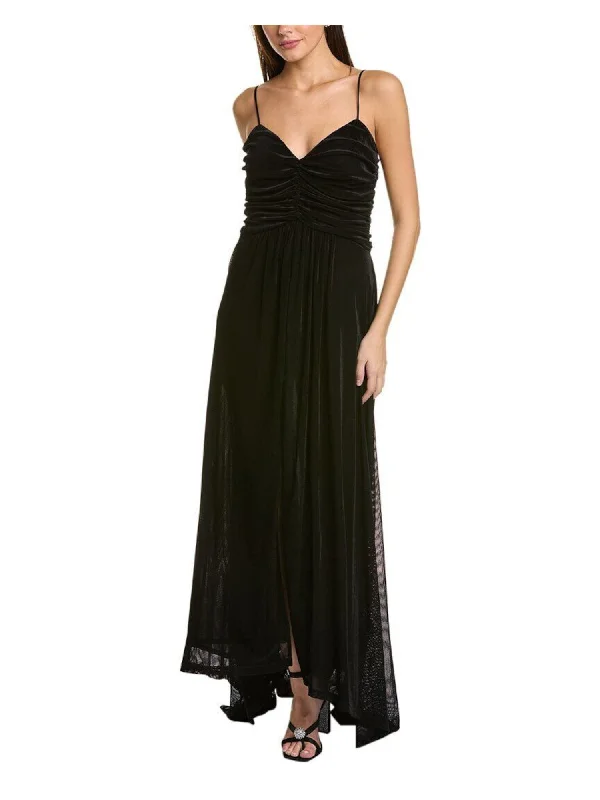 Take Advantage DONNA KARAN NEW YORK Womens Black Zippered Lined Ruched Padded Slit Spaghetti Strap V Neck Full-Length Evening Gown Dress
