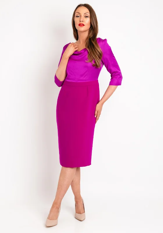 Fee G Sylvie Drape Neck Contrasting Pencil Midi Dress, Magenta