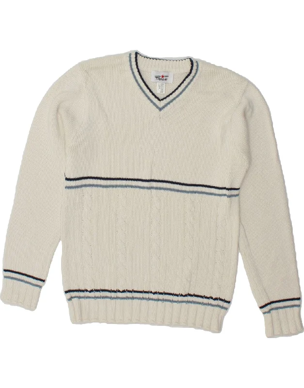 Deal Explosion FLASH LIGHTS Womens V-Neck Jumper Sweater UK 6/8 XS White Striped Cotton Deal Explosion FLASH LIGHTS Womens V-Neck Jumper Sweater UK 6/8 XS White Striped Cotton