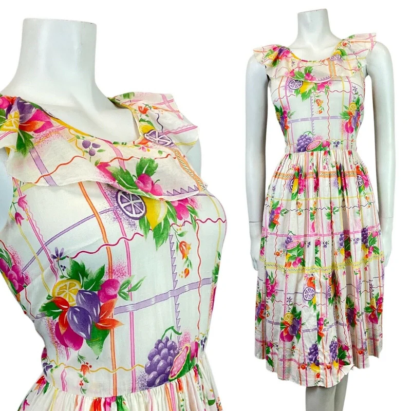 Discount Mania VINTAGE 60s 70s WHITE PURPLE GREEN YELLOW FLORAL FRUITS RUFFLED SUMMER DRESS 8