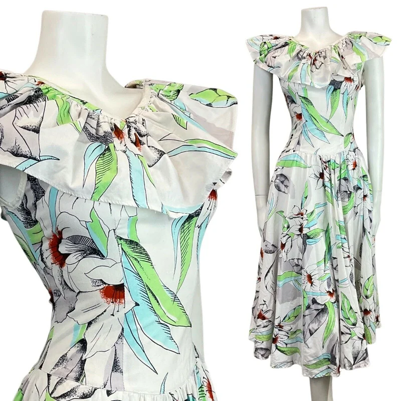 Daily Specials VINTAGE 60s 70s WHITE GREEN BLACK FLORAL LEAFY SLEEVELESS SUMMER SWING DRESS 6